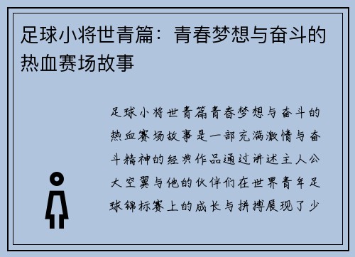 足球小将世青篇:青春梦想与奋斗的热血赛场故事 足球小将世青篇:青春梦想与奋斗的热血赛场故事