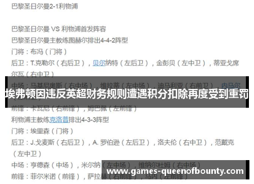 埃弗顿因违反英超财务规则遭遇积分扣除再度受到重罚 埃弗顿因违反英超财务规则遭遇积分扣除再度受到重罚