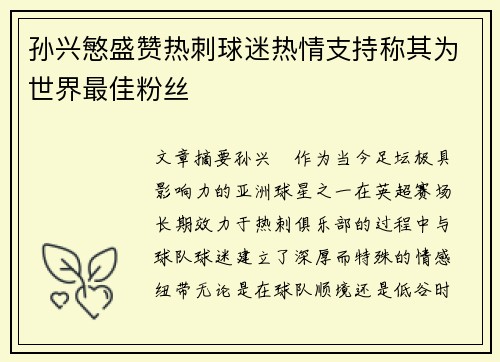 孙兴慜盛赞热刺球迷热情支持称其为世界最佳粉丝 孙兴慜盛赞热刺球迷热情支持称其为世界最佳粉丝